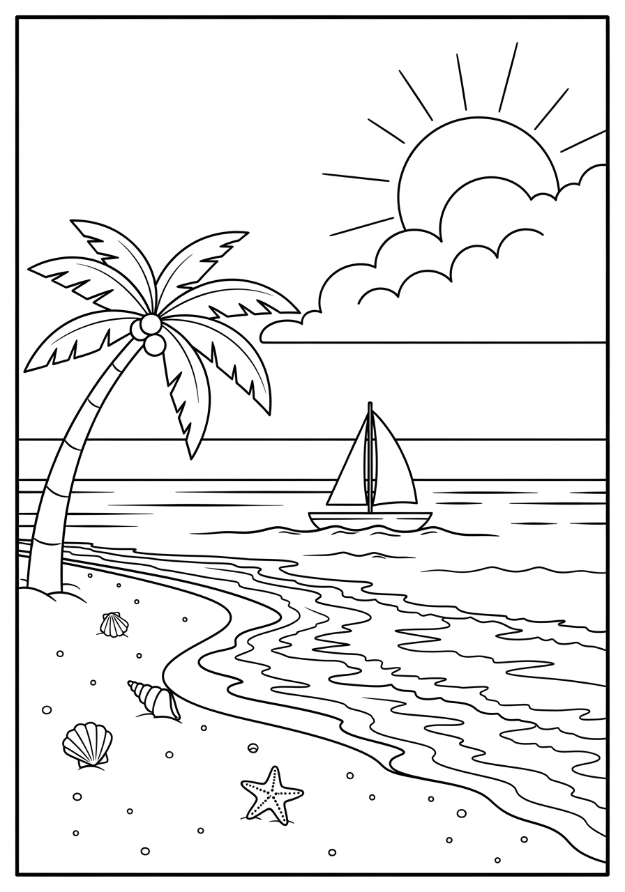 Desenho do Sol e Praia com Barco para colorir
