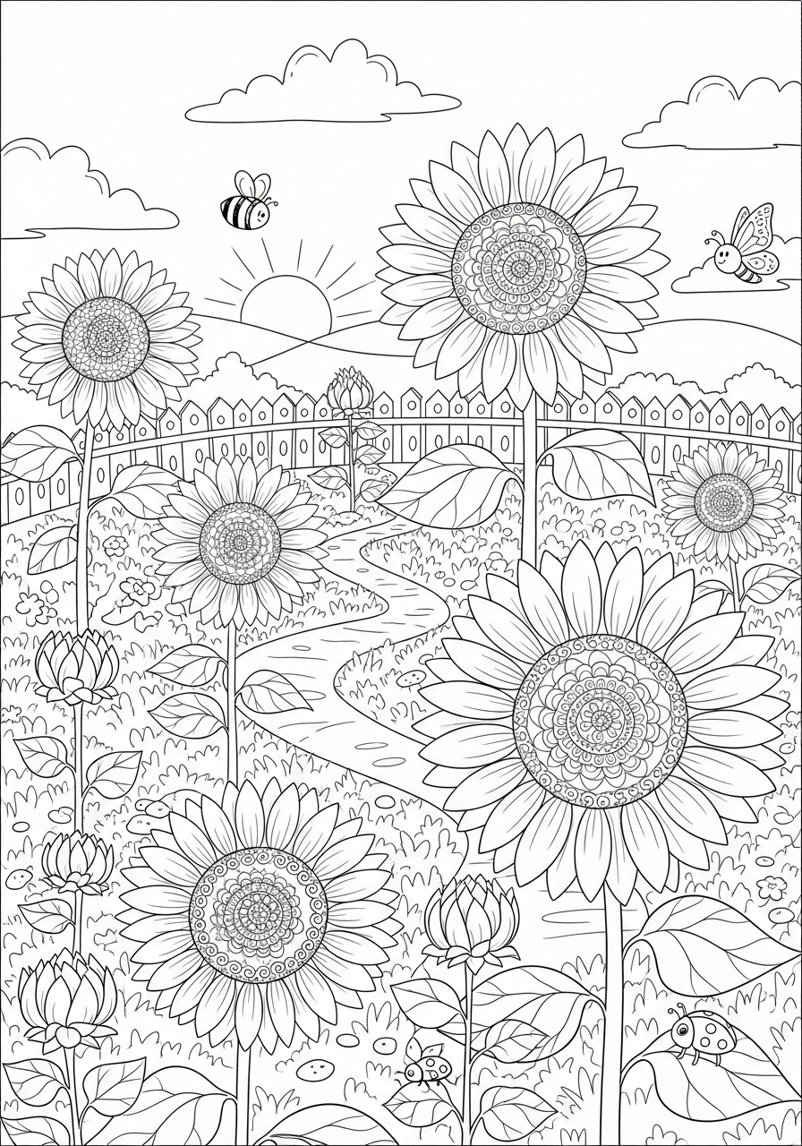 Desenho do Sol com girassóis para colorir