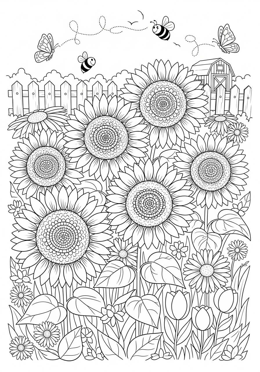 Desenho do Sol com Flores e Abelha para colorir