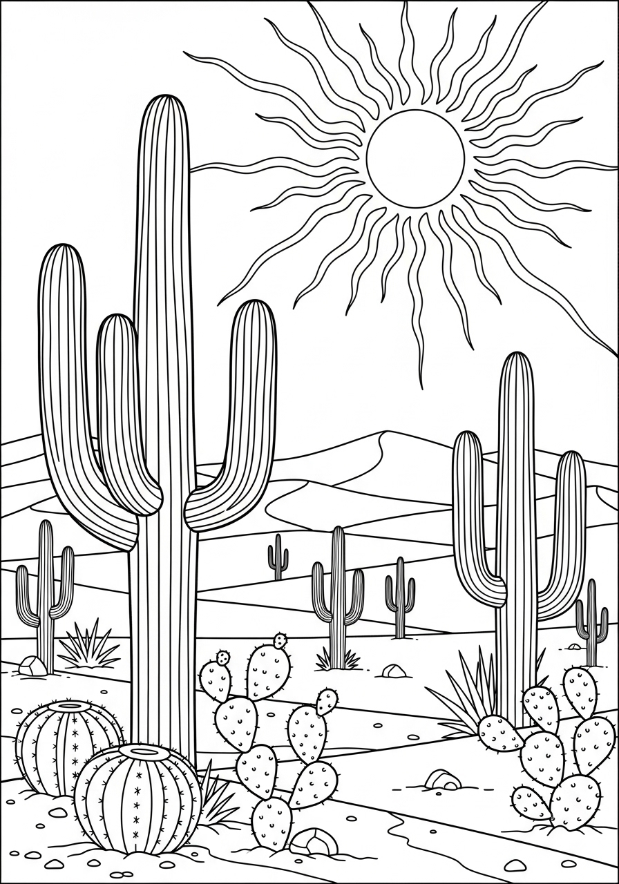 Desenho do Sol e Cactos para colorir