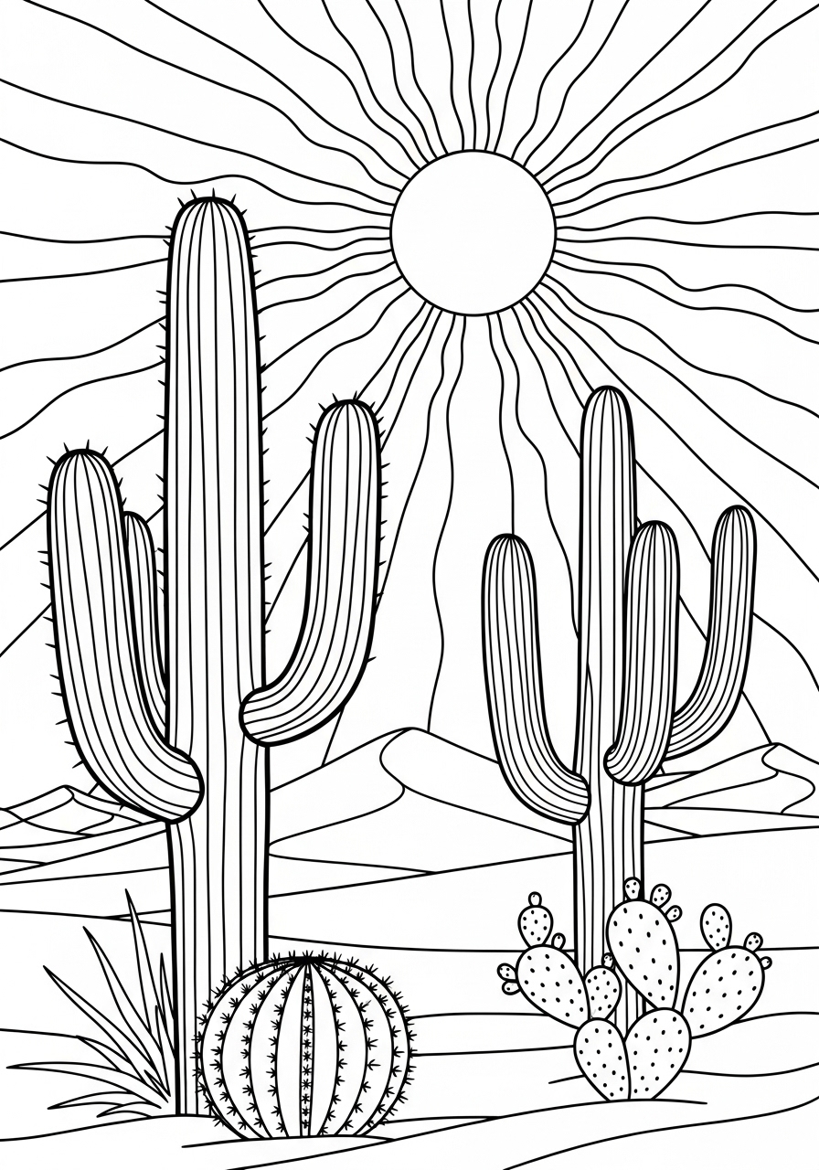 Desenho do Sol e cactos para colorir