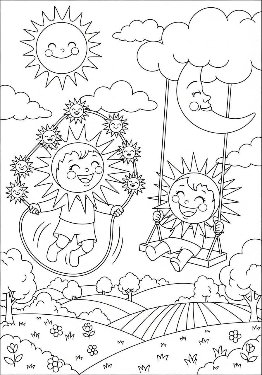 Desenho do Sol com Crianças Brincando para colorir