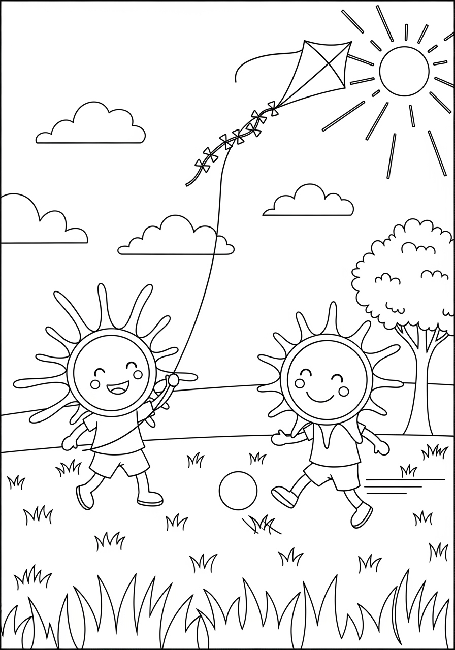 Desenho do Sol Feliz Brincando ao Ar Livre para colorir