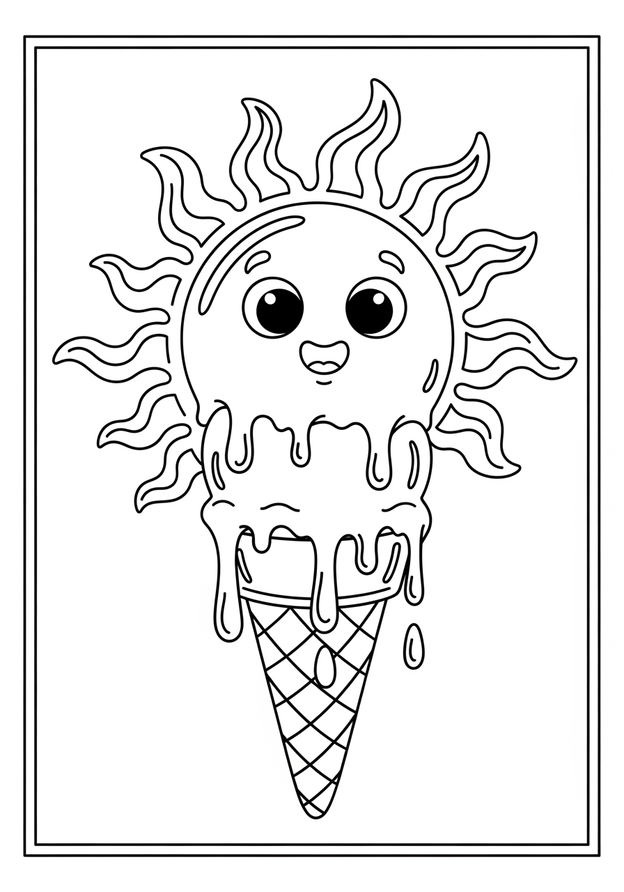 Desenho do Sol derretendo com casquinha de sorvete para colorir