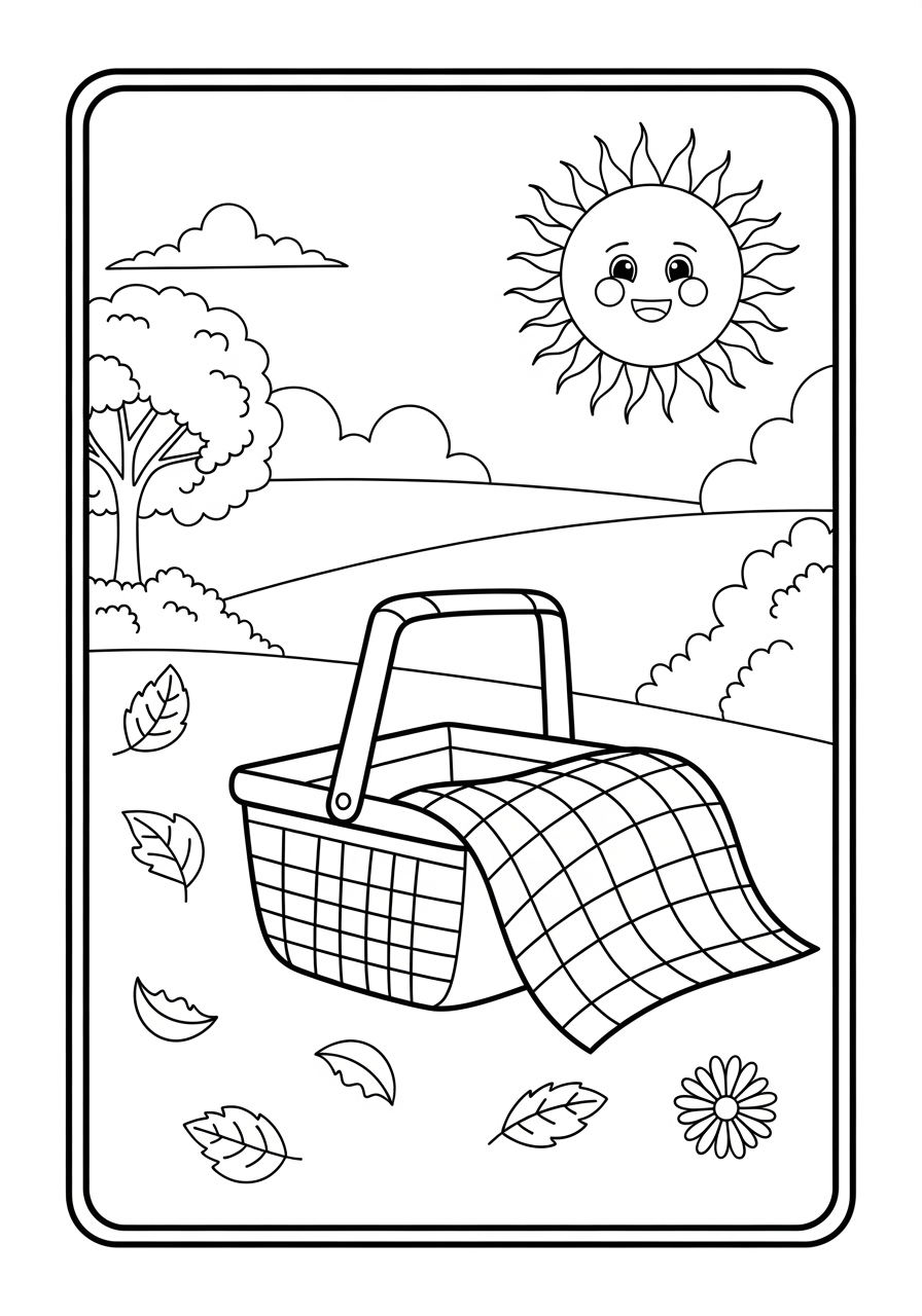 Desenho do Sol Simples para colorir com cesta e flores