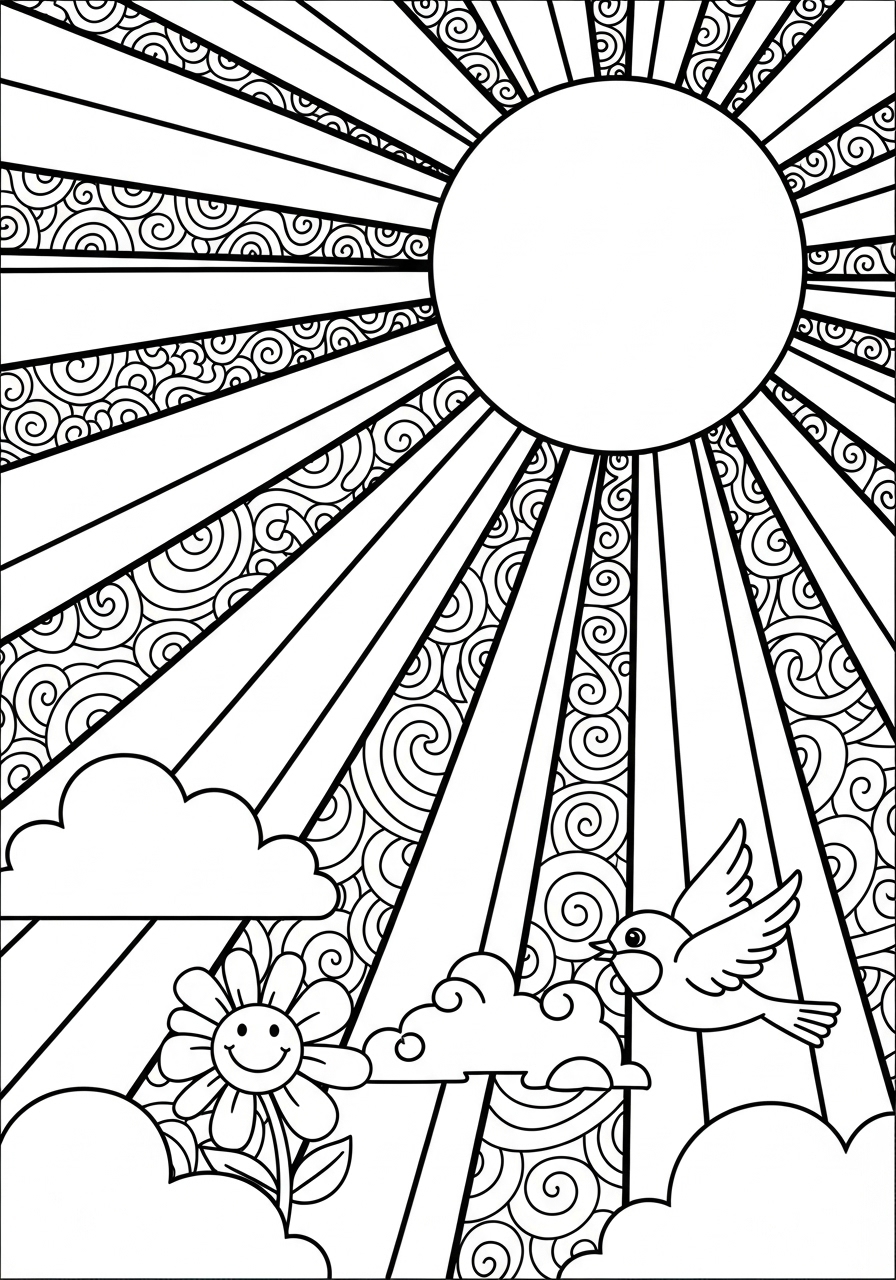 Desenho do Sol Simples com Nuvens e Pássaro para colorir