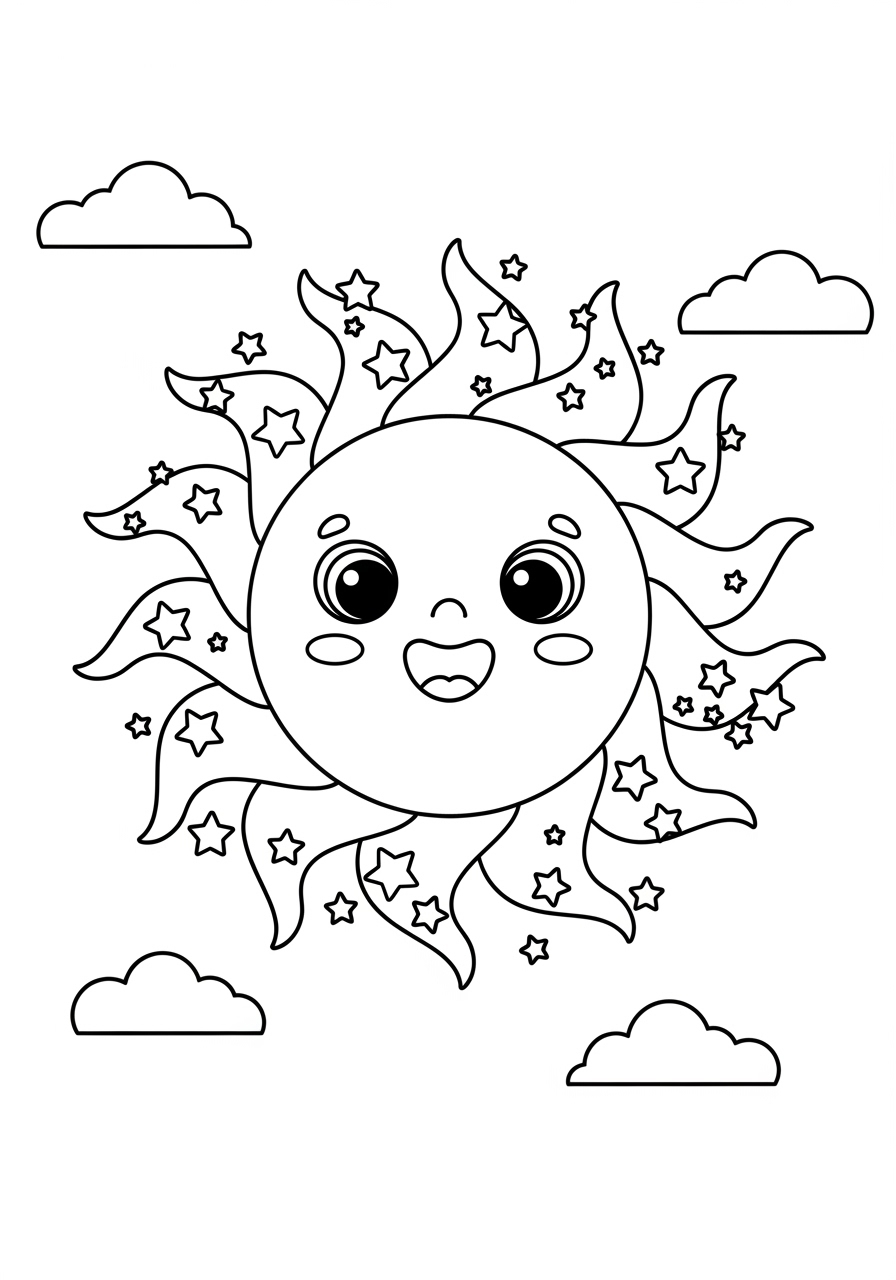 Desenho do Sol Fofo com estrelas e nuvens para colorir