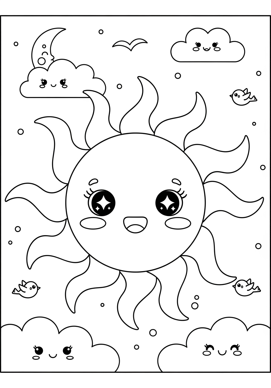 Desenho do Sol Fofo com Nuvens e Pássaros para colorir