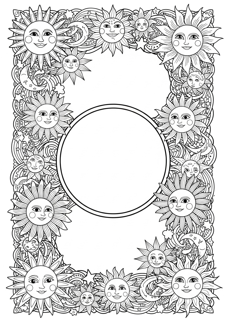 Desenho do Sol rodeado de outros elementos para colorir