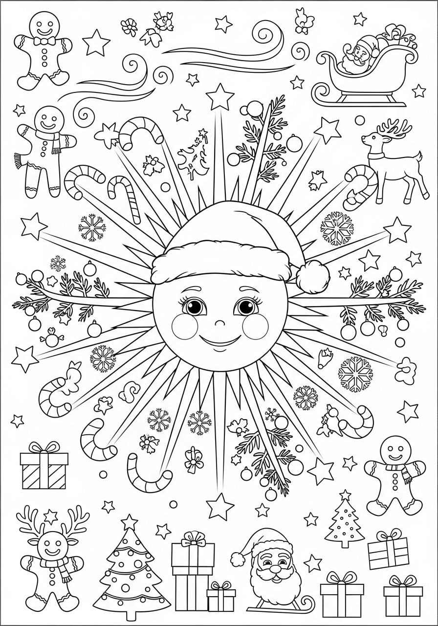 Desenho do Sol Fofinho com elementos natalinos para colorir