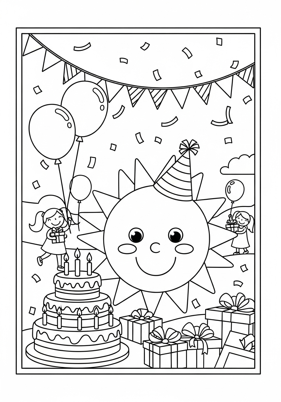 Desenho do Sol Feliz com festa para colorir