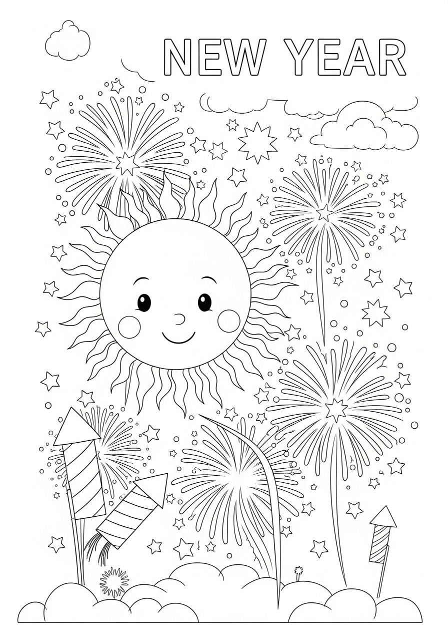 Desenho do Sol Alegre com fogos de artifício para colorir