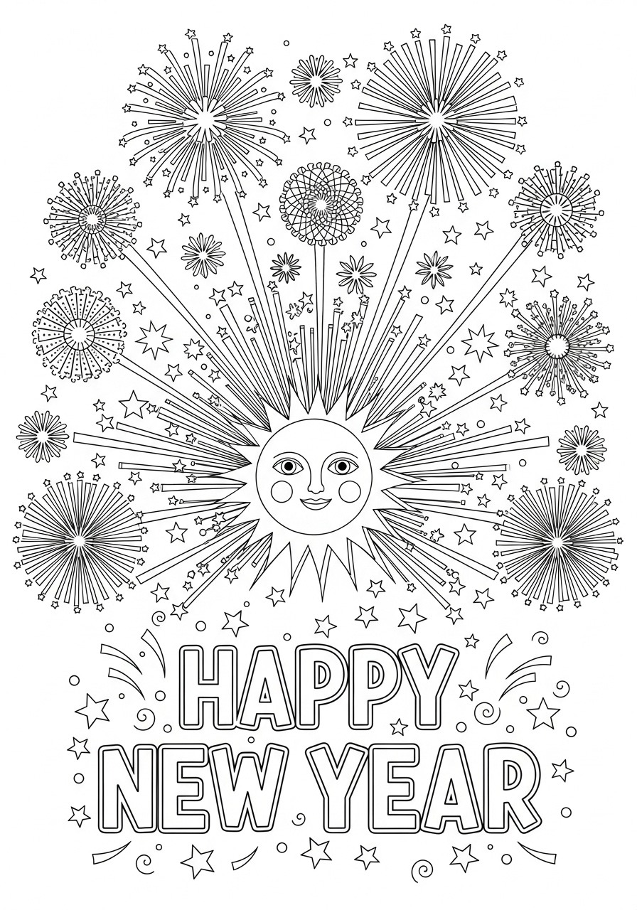 Desenho do Sol com Fogo de Artifício para colorir