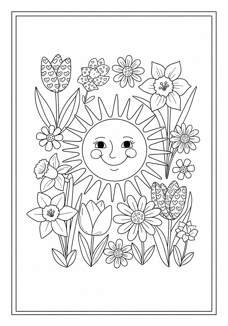 Desenho do Sol com flores para colorir