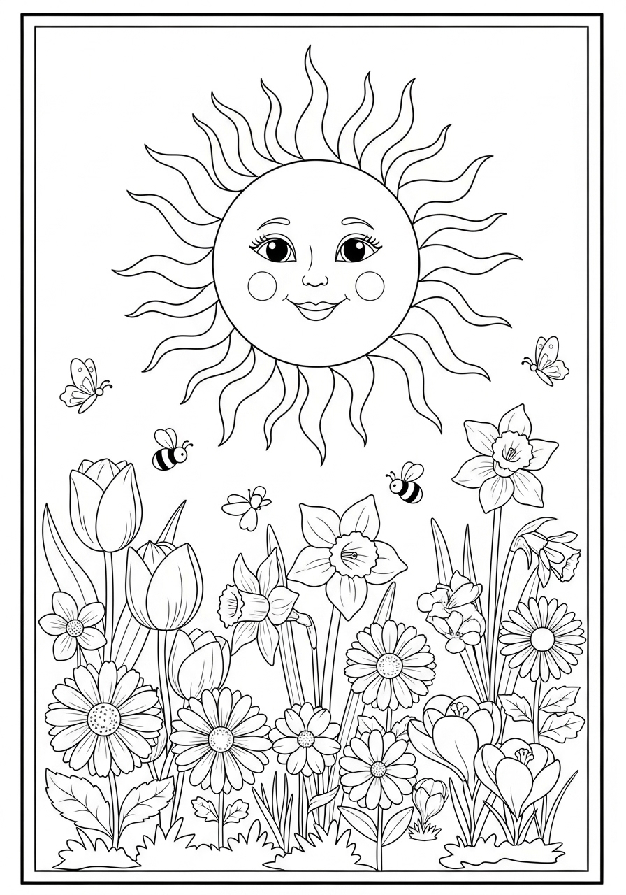 Desenho do Sol Fofo e Flores para colorir