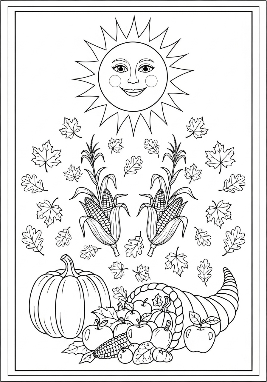 Desenho do Sol com frutas e folhas para colorir