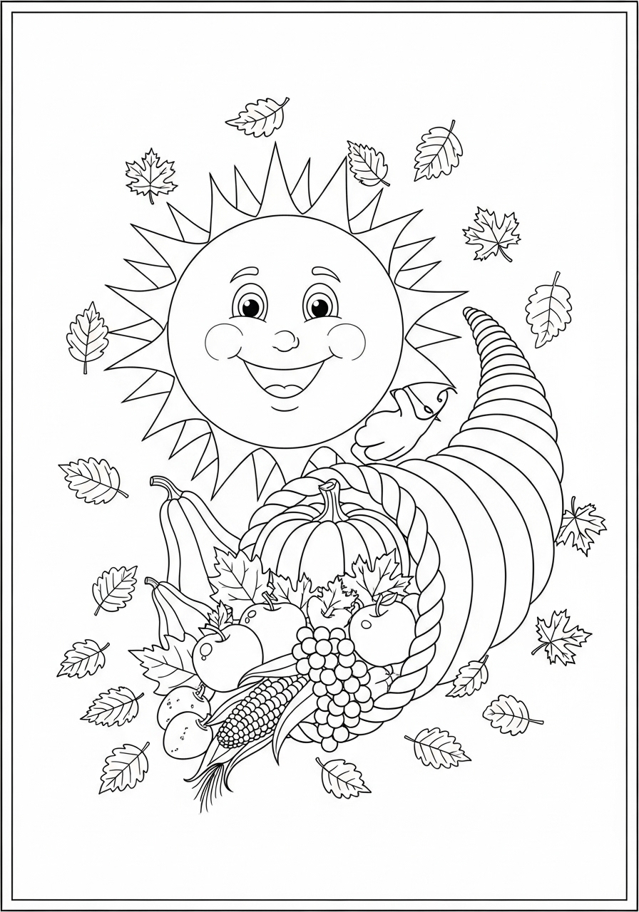 Desenho do Sol com cornucópia de frutas para colorir