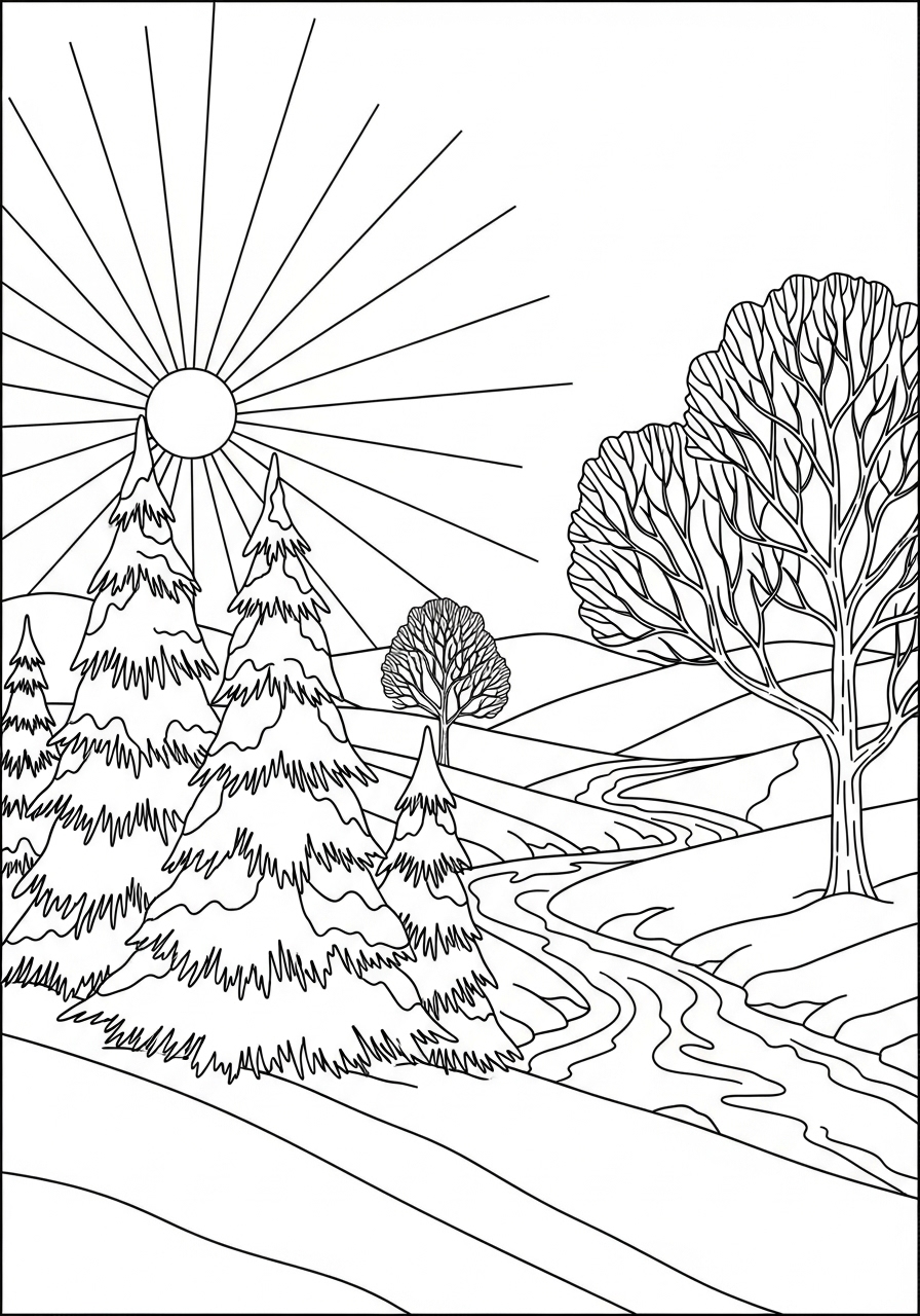 Desenho do Sol com árvores e rio para colorir