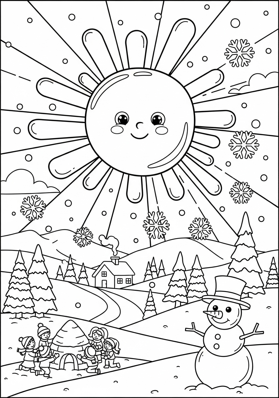 Desenho do Sol com Crianças e Neve para colorir