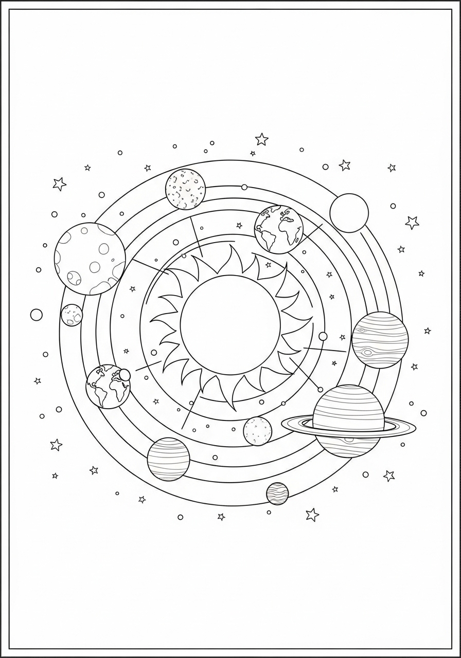 Desenho do Sol e planetas para colorir