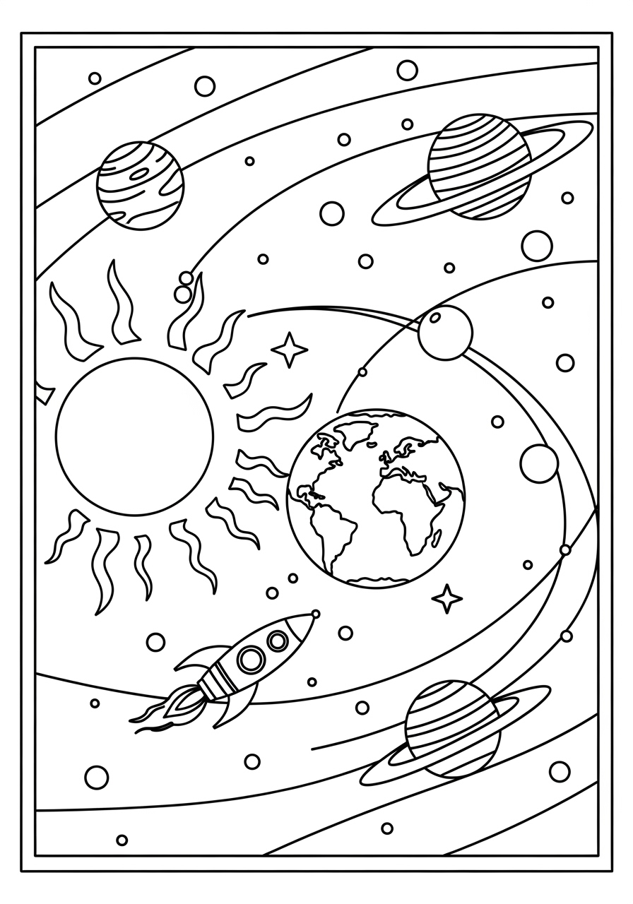 Desenho do Sol e planetas para colorir