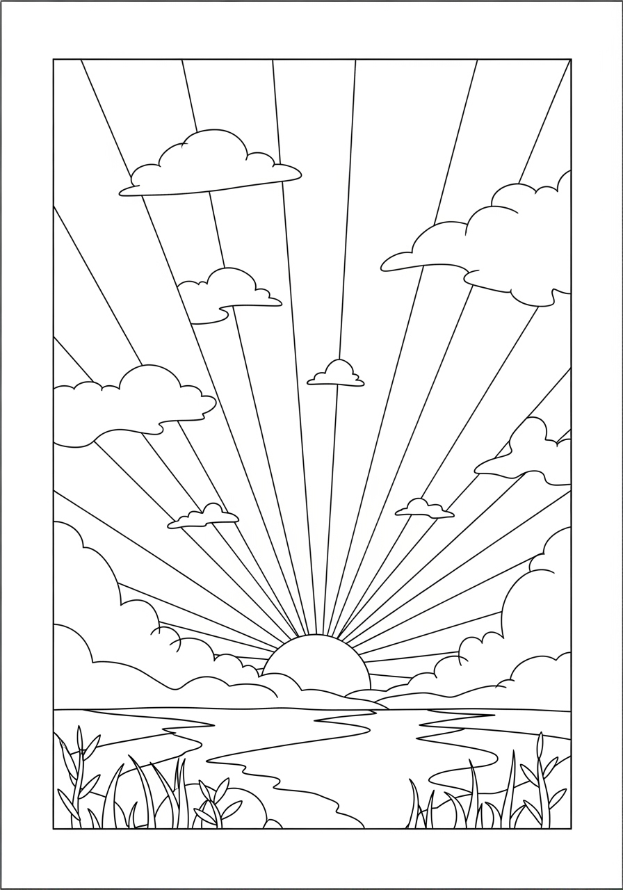 Desenho do Sol com raios e nuvens para colorir