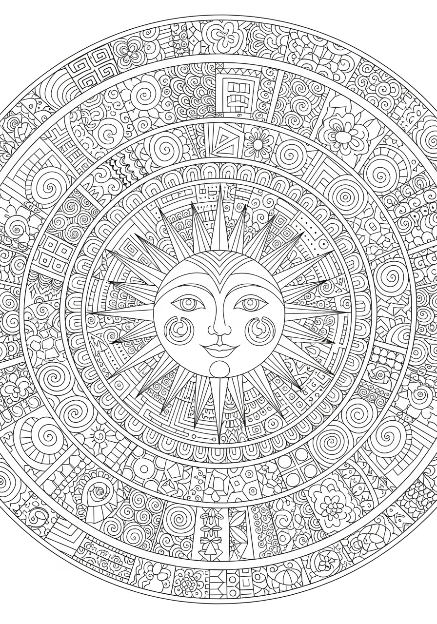 Desenho do Sol detalhado em estilo mandala para colorir