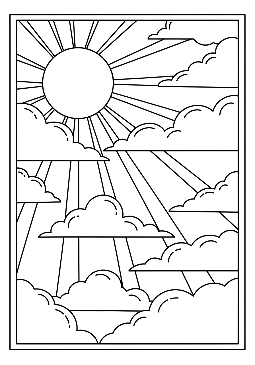 Desenho do Sol com Raios e Nuvens para colorir