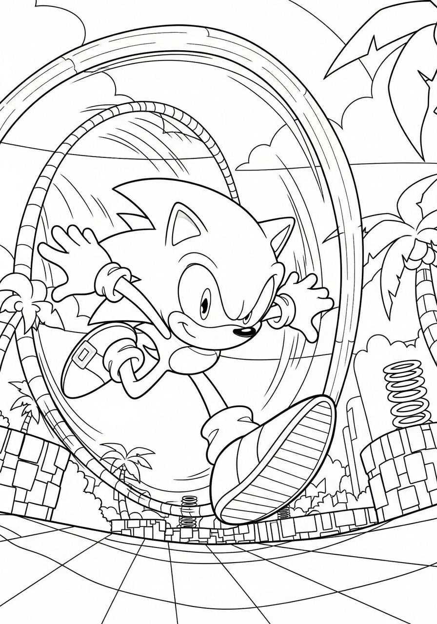 Desenho do Sonic correndo em uma pista para imprimir e colorir