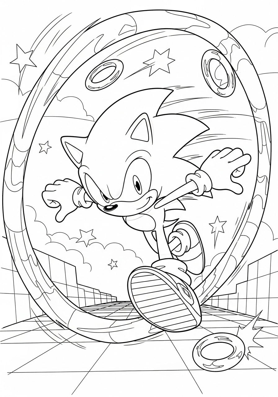 Desenho do Sonic correndo dentro de um túnel para colorir