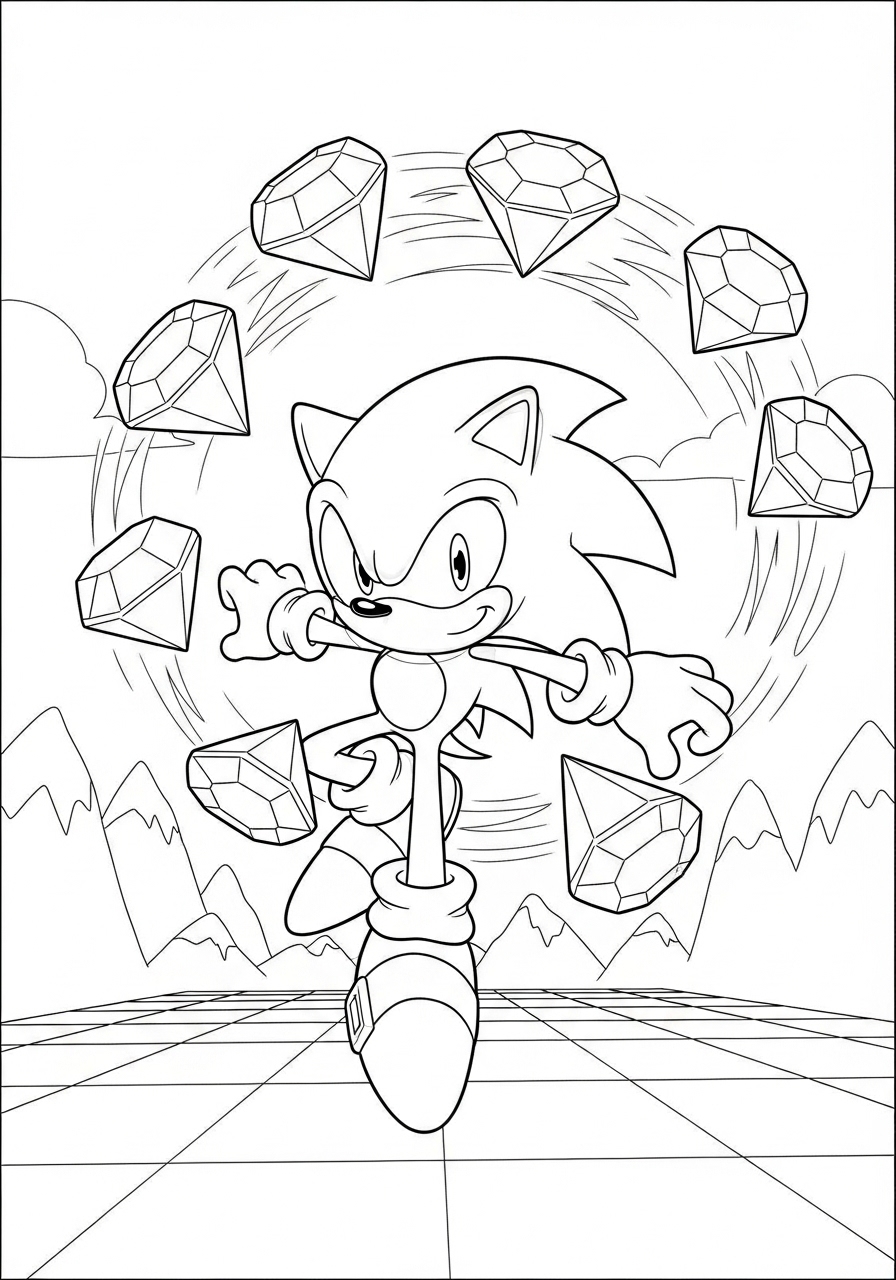 Desenho do Sonic com esmeraldas para imprimir e colorir