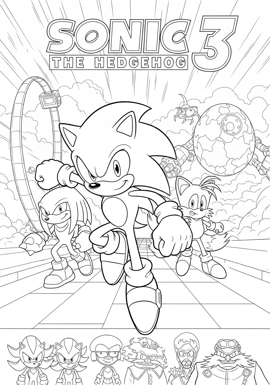 Desenho do Sonic correndo com Tails e Knuckles para colorir