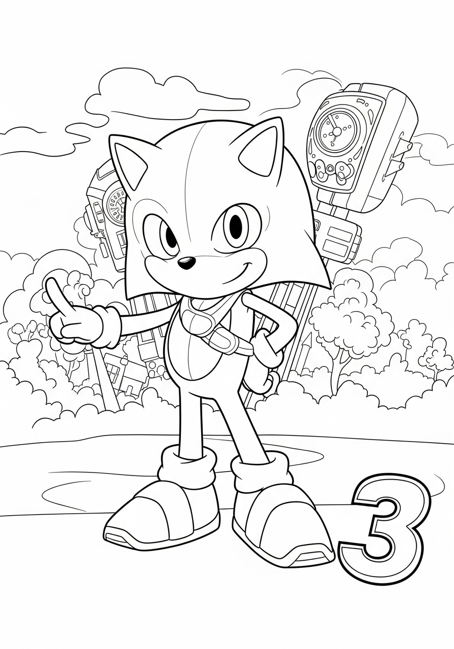 Desenho do Sonic com um sorriso e um número três para colorir