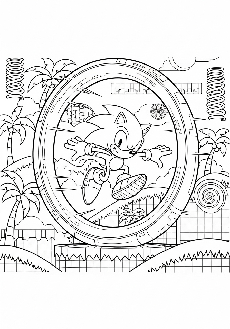 Desenho do Sonic correndo em um portal para imprimir e colorir
