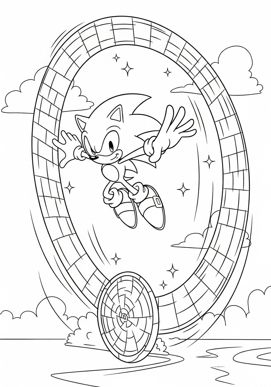 Desenho do Sonic pulando em um loop para imprimir e colorir