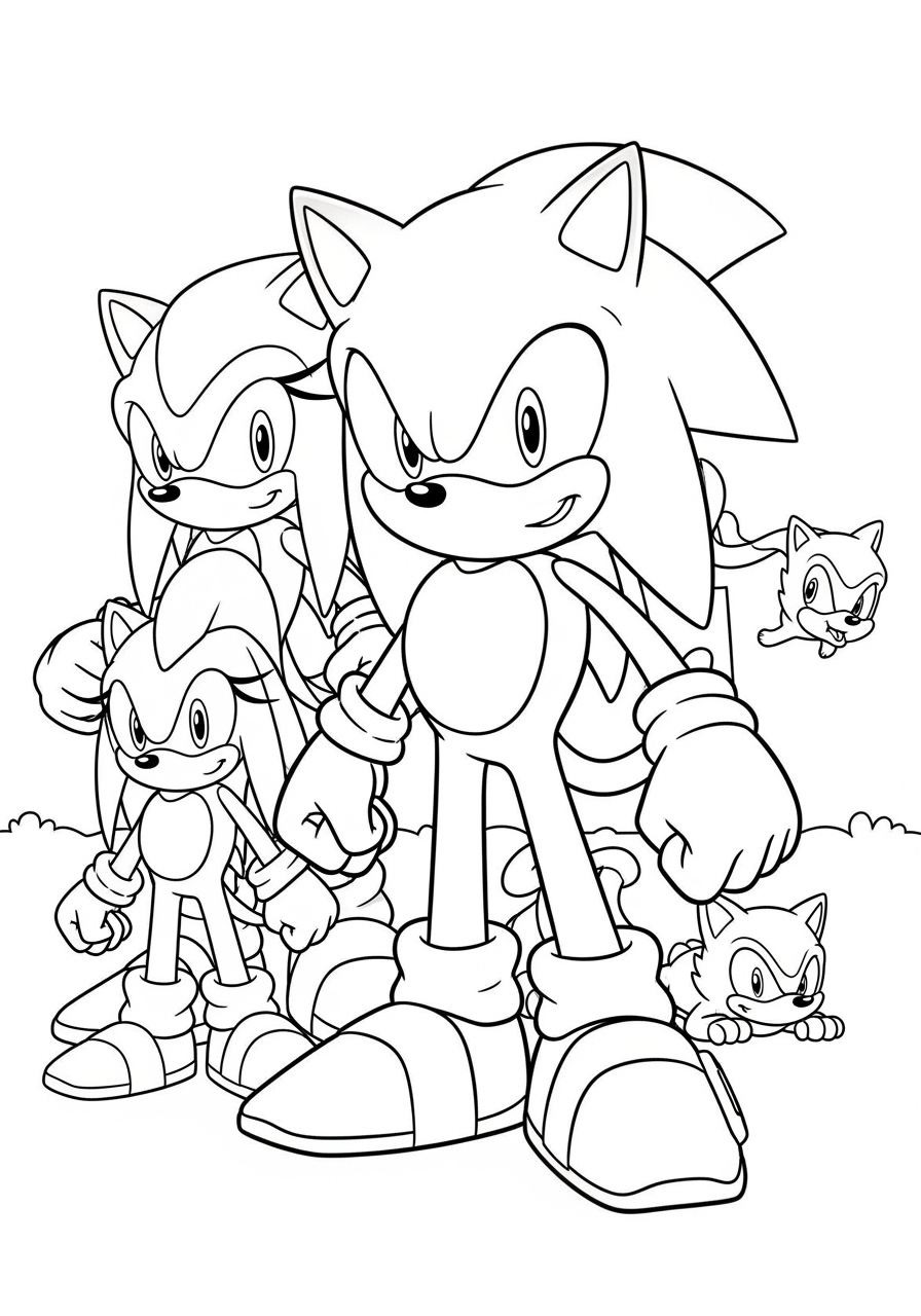 Desenho do Sonic com personagens para imprimir e colorir