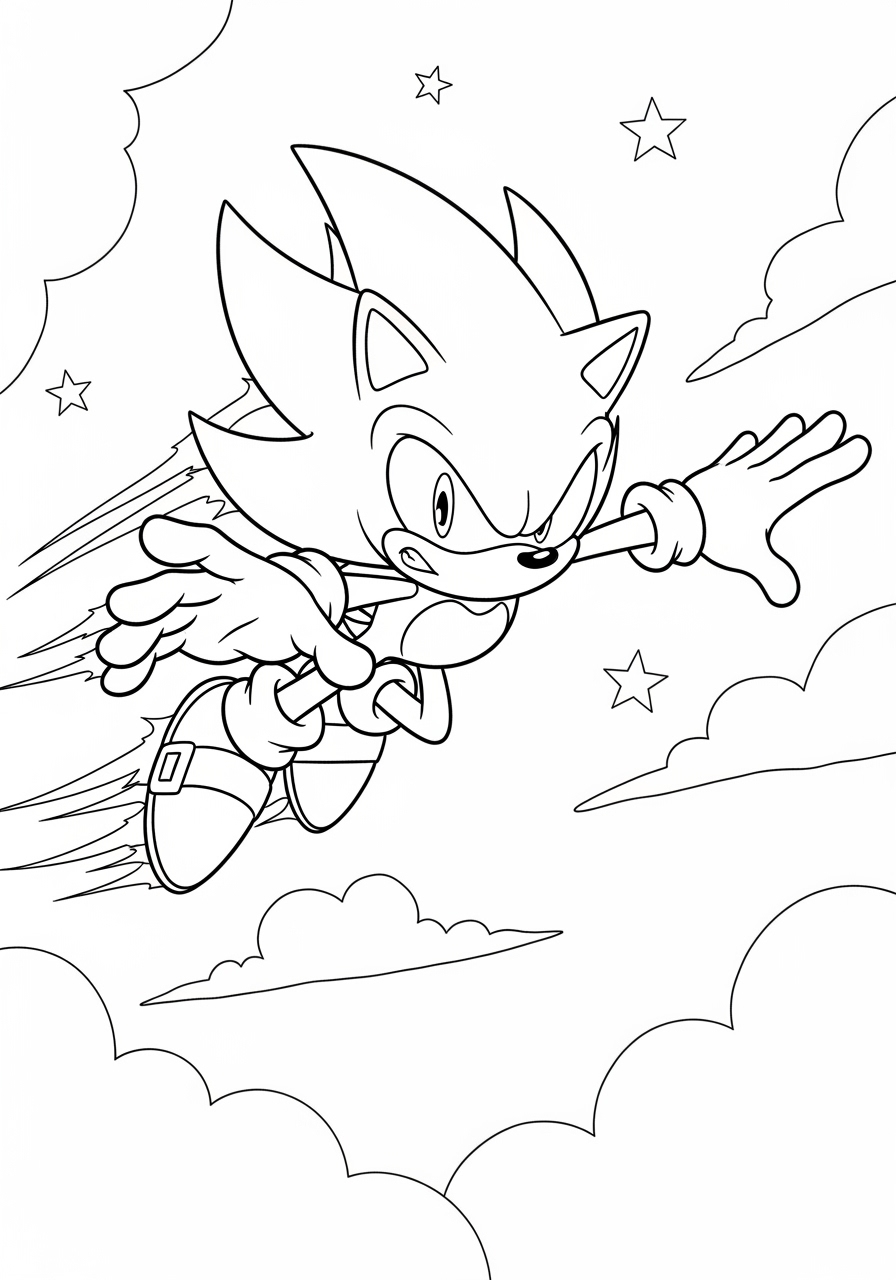 Desenho do Sonic voando entre nuvens e estrelas para colorir