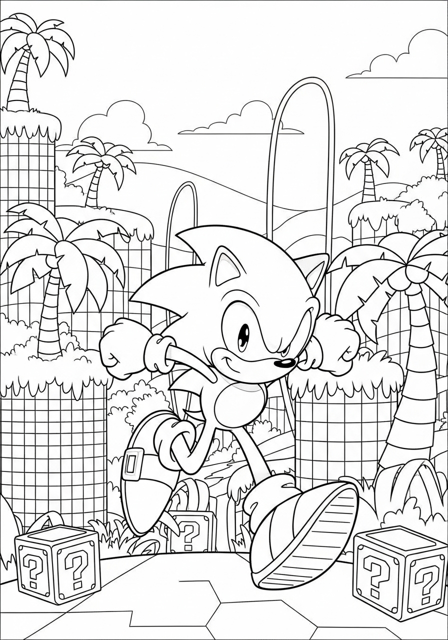 Desenho do Sonic correndo em cenário tropical para colorir