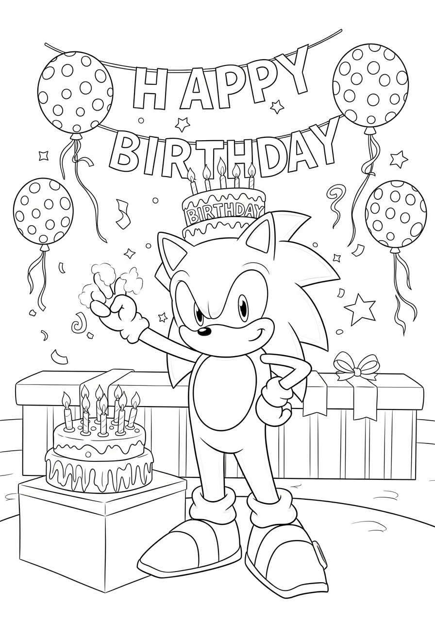 Desenho do Sonic comemorando aniversário para imprimir e colorir