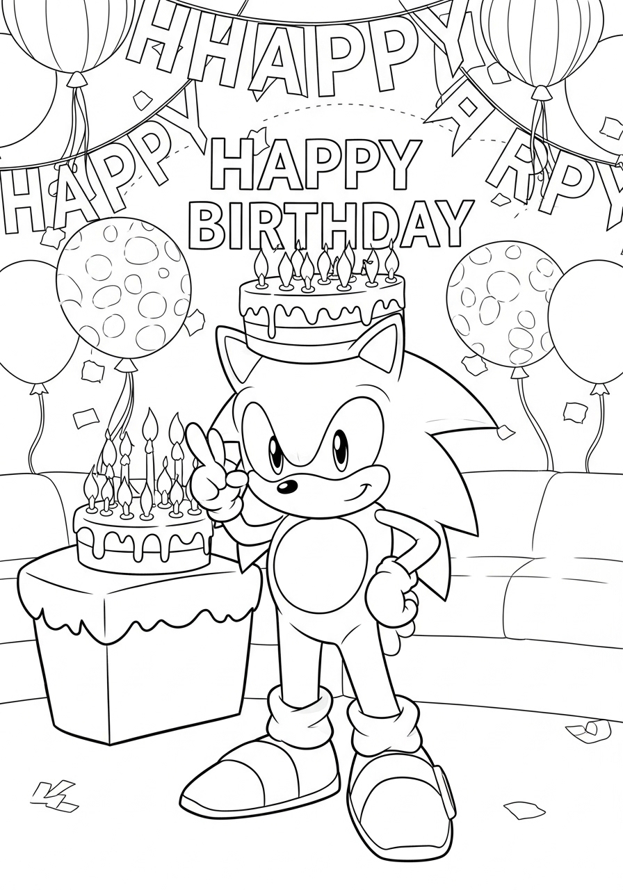 Desenho do Sonic comemorando aniversário para imprimir e colorir