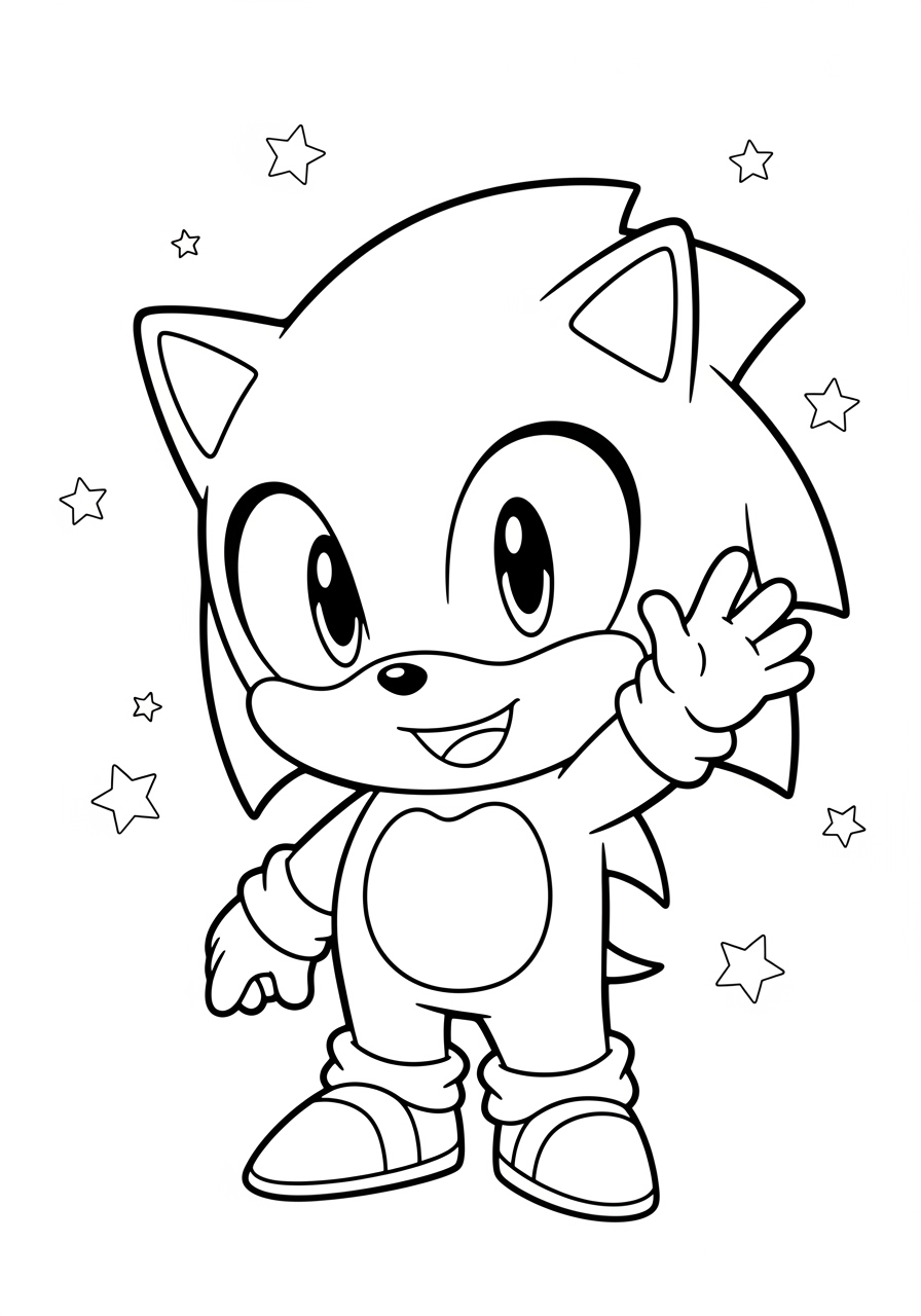 Desenho do Sonic acenando rodeado de estrelas para colorir