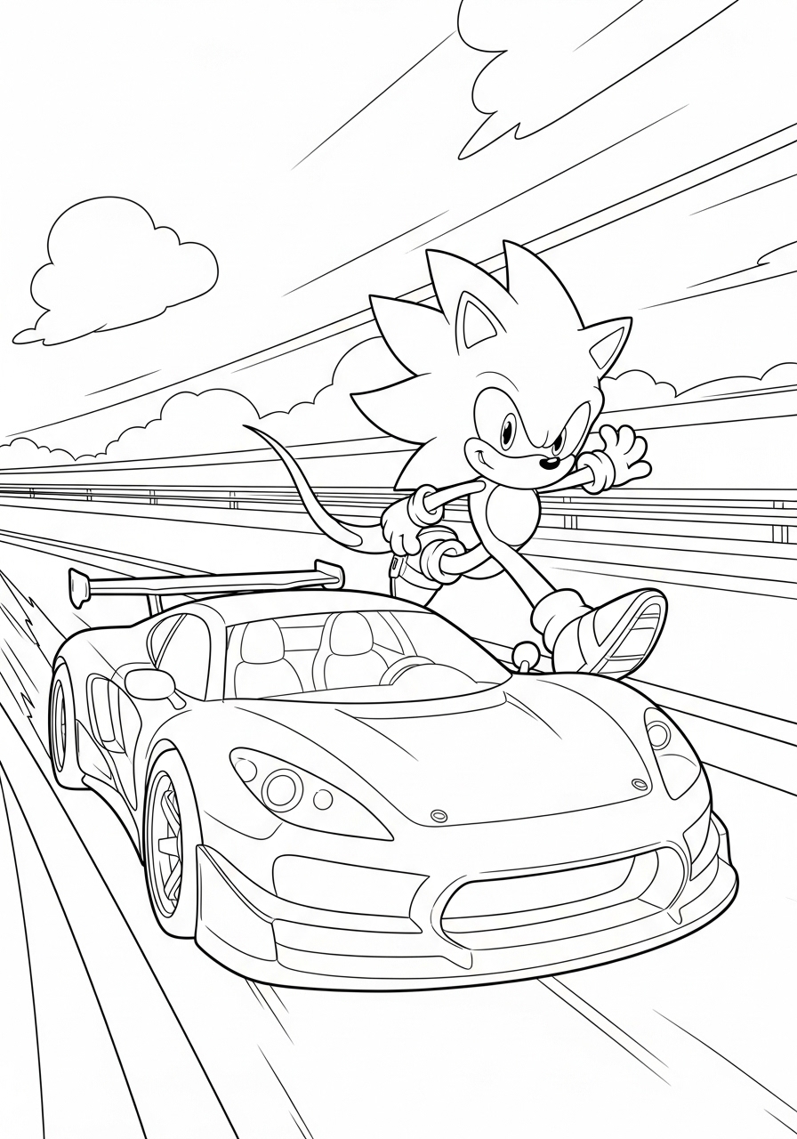Desenho do Sonic correndo em cima de um carro para colorir