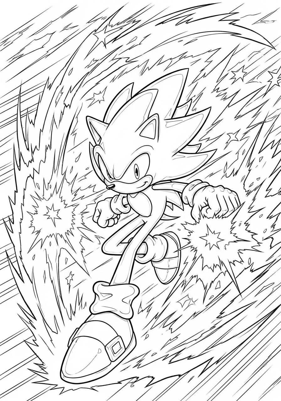 Desenho do Sonic correndo com explosões para imprimir e colorir