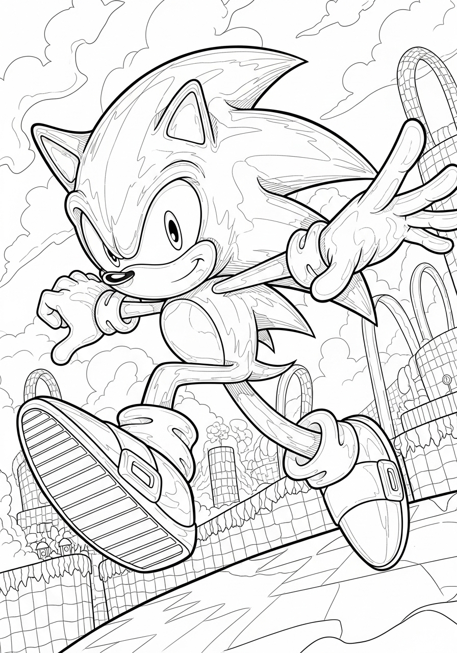 Desenho do Sonic correndo em fundo de cenário para colorir