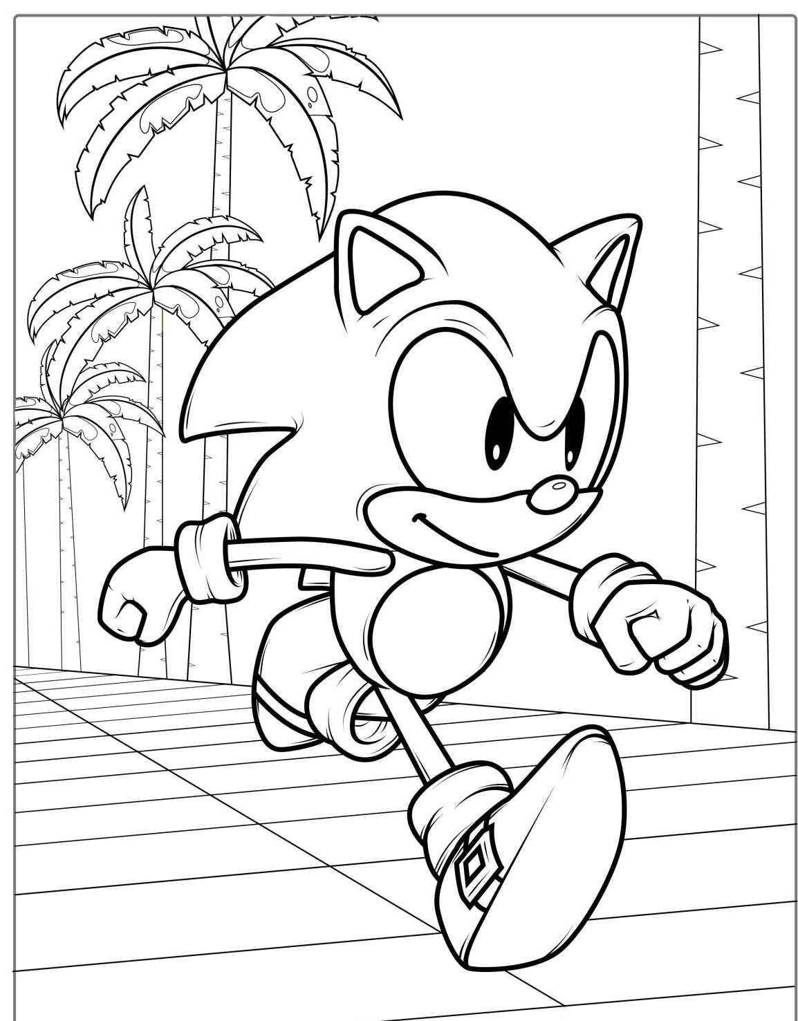 Desenho do Sonic correndo entre palmeiras para imprimir e colorir