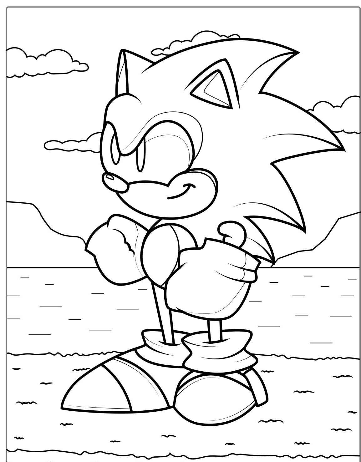 Desenho do Sonic em pé em uma paisagem para imprimir e colorir