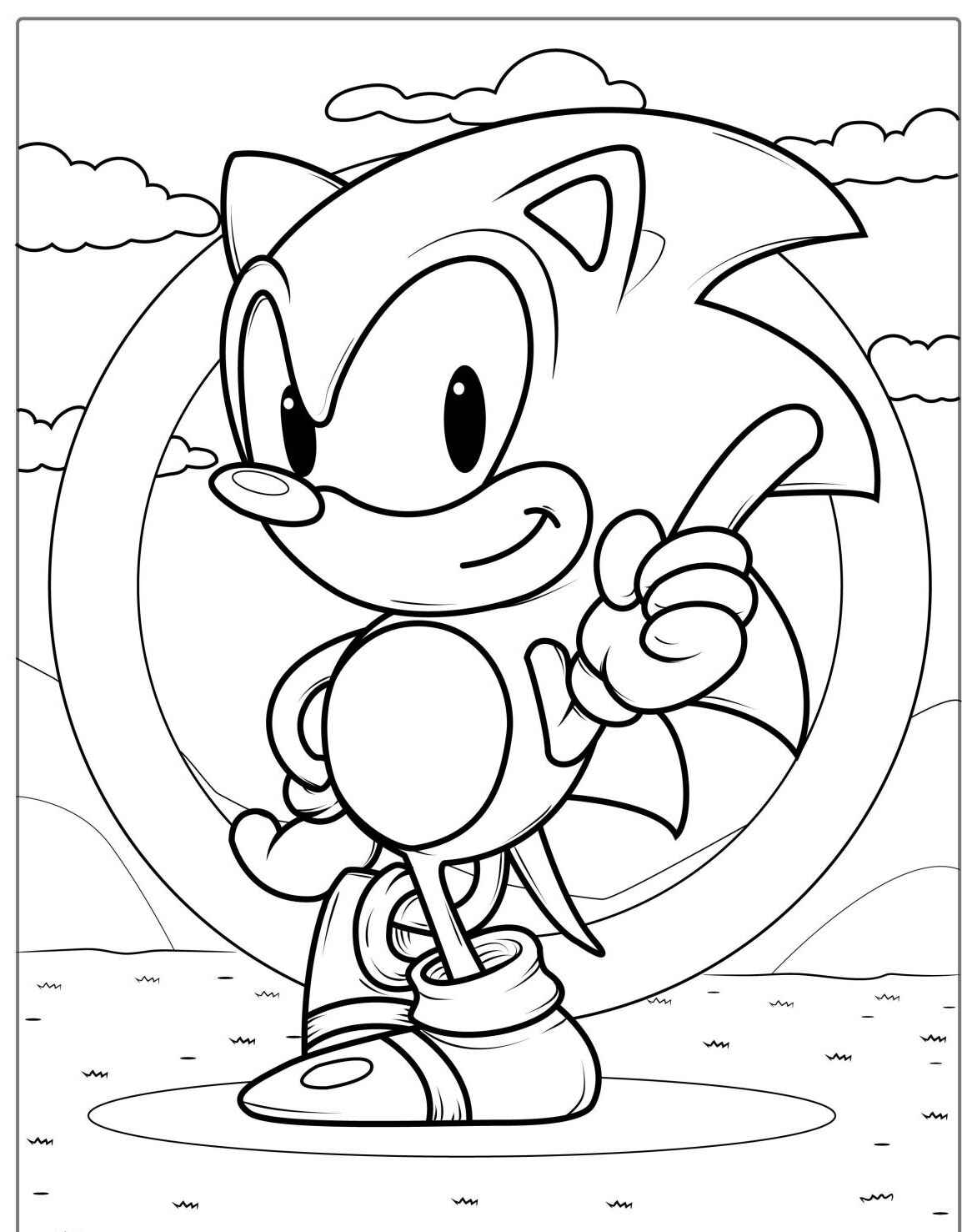 Desenho do Sonic sorrindo apontando com um dedo para colorir