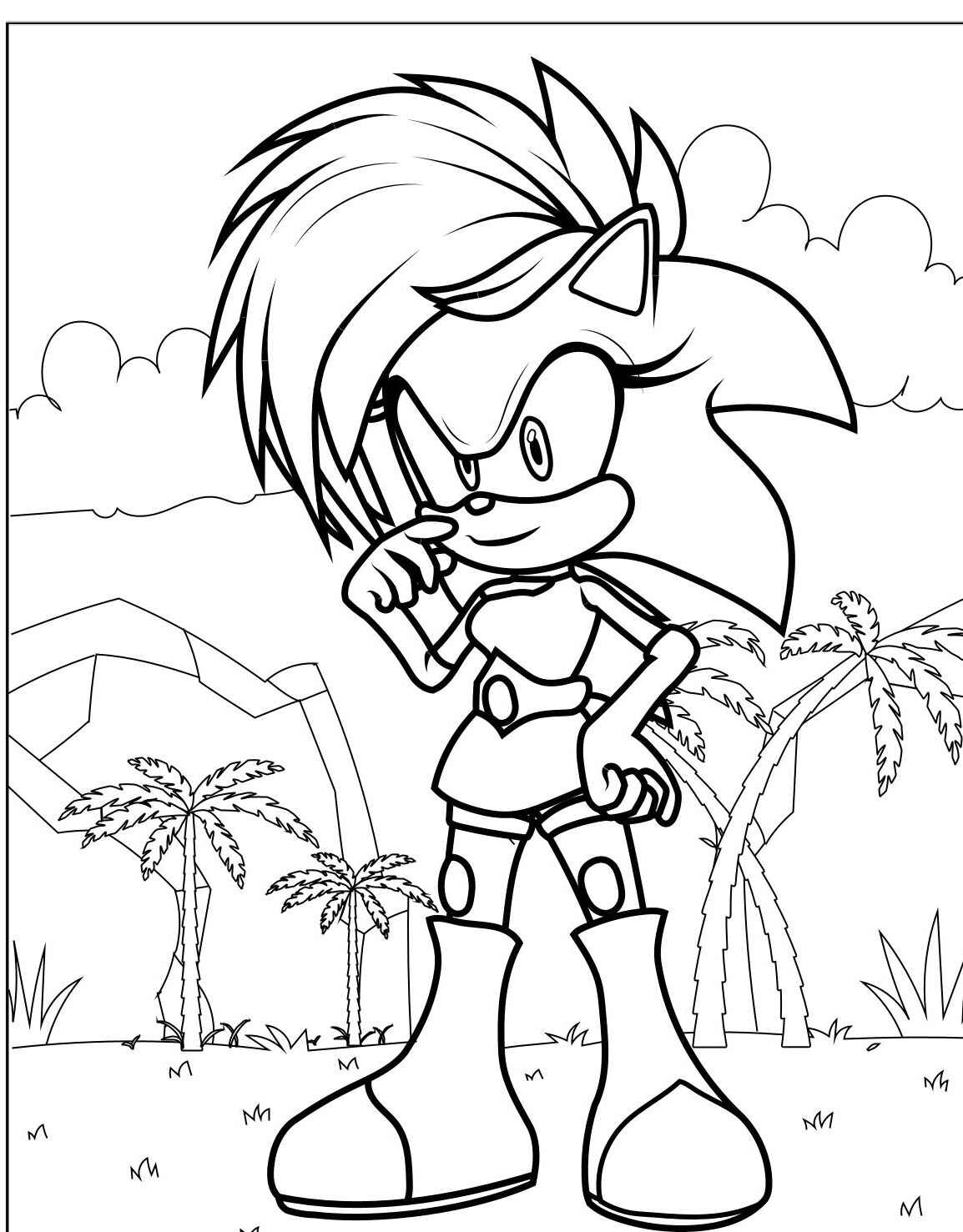 Desenho de personagem Sonic com palmeiras para colorir