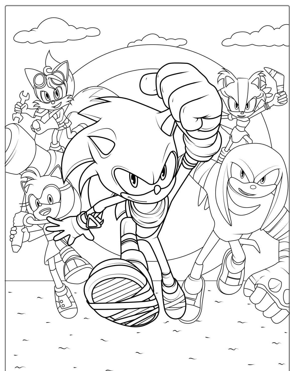 Desenho do Sonic com amigos prontos para imprimir e colorir