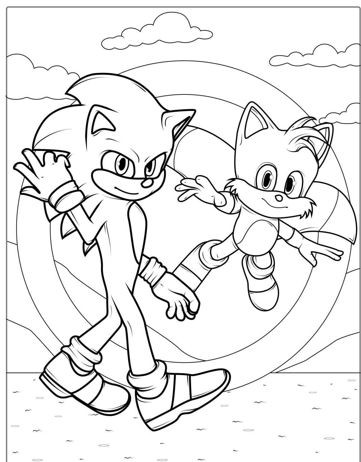 Desenho do Sonic e Tails pulando para imprimir e colorir